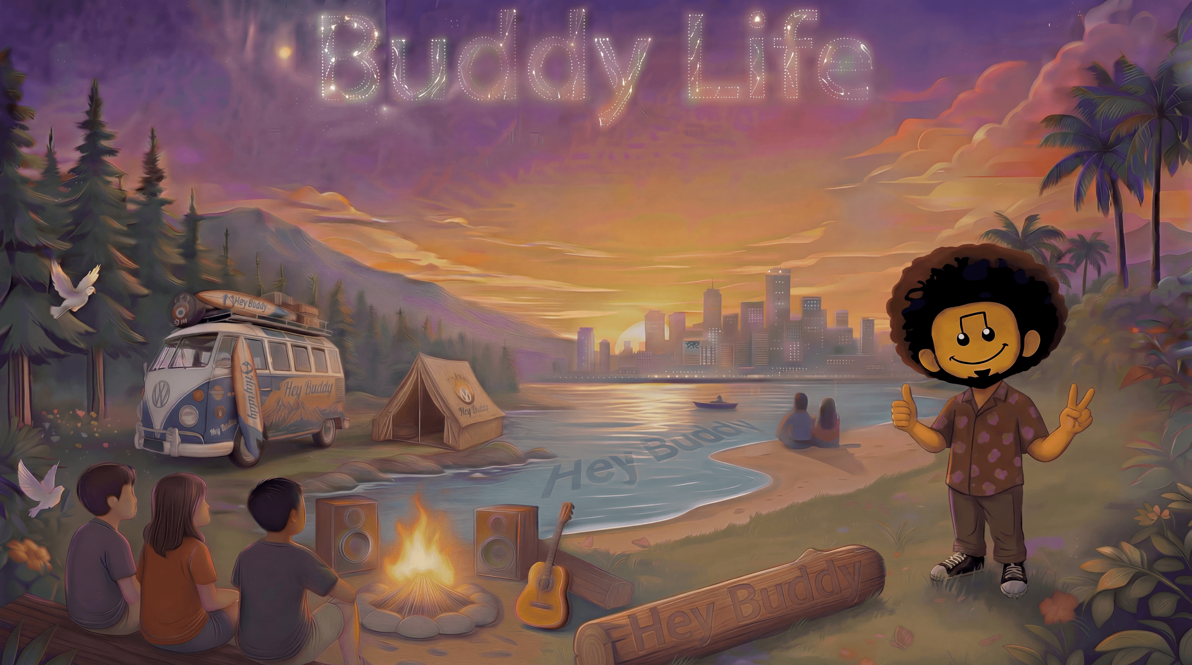 The Buddy Life world: a sunlit outdoor scene where Buddy and friends gather by a river and campfire, with music and signposts inviting you to explore.